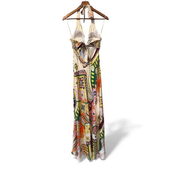 MARY L Couture Halter Dress - Multi Print Yellow Beaded Sz 4 Vintage Y2K Exotic - Picture 3 of 7